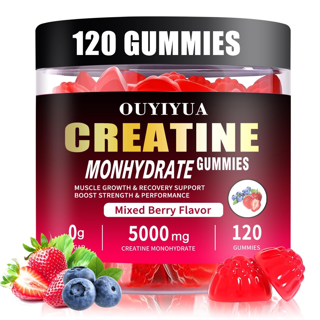 Creatine Monohydrate Gummies 5000mg pour les hommes et les femmes - Supplément de pré-entraînement sans sucre, Noisettes pour la force musculaire, Constructeur musculaire, Boost énergétique, Mélange de saveur de baie, 120 comte