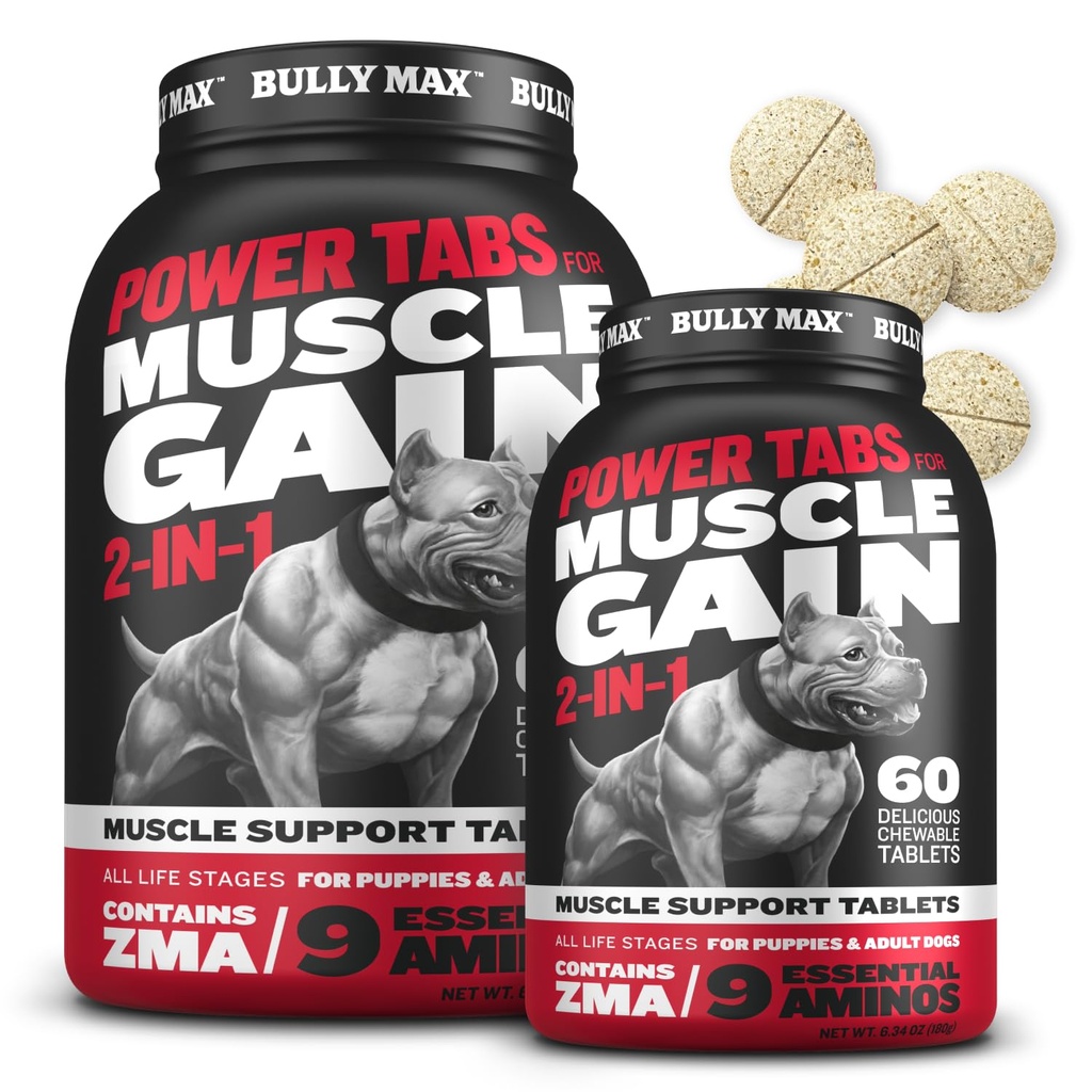 Bully Max 2-in-1 Muskel-Erbauer Kautabletten für Welpen & Erwachsene Hunde - Hunde-Vitamine & Ergänzungen für Muskelaufbau & Wachstum - Canine Puppy Multivitamins für alle Rassen & Alter - 60 Tabs (2 Flaschen)