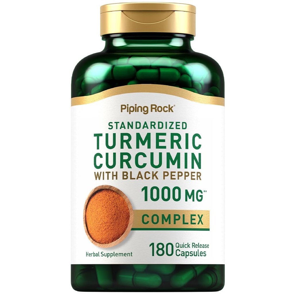 Piping Rock Kurkuma Curcumin mit schwarzem Pfefferextrakt | 180 Kapseln | Komplexe Kräuterergänzung | Nicht-GVO, glutenfrei