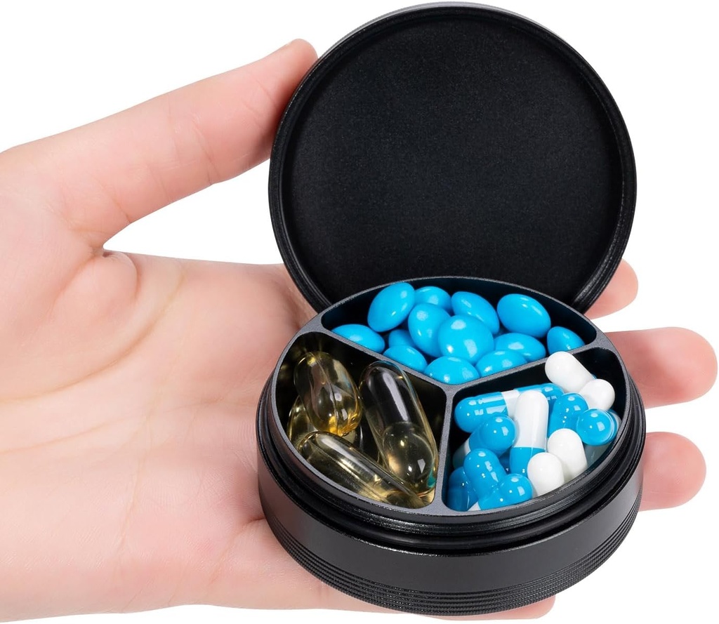 Metall Pille Case 3 Kompartment - Wasserdichte Tasche Geldbörse Pille Box Aluminium Reise Pille Container Medizin Organizer Tragbare tägliche Pille Halter für Vitamine Medikamente Fischöle