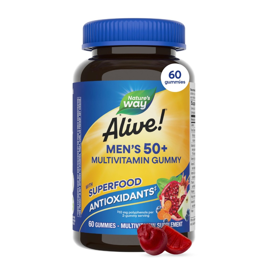 La nature est vivante ! Hommes 50+ Multivitamines Gummy quotidiennes, soutient un cerveau sain, Yeux, Cœur*, Vitamines B, Sans gluten, Végétarien, Aromatisé aux fruits, 60 Gummies (paquetage mai Vary)