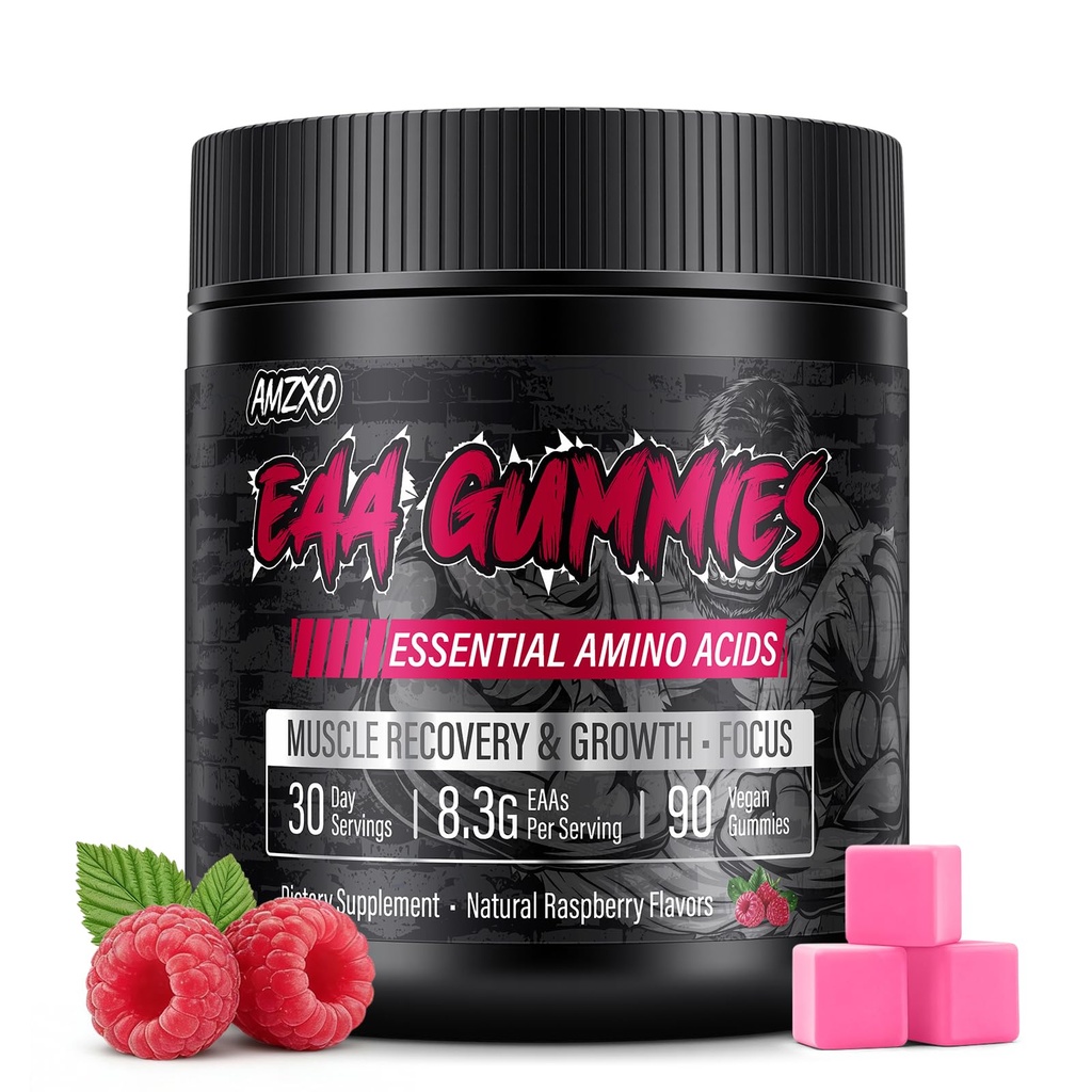 EAA-Gummien - 2:1:1 BCAA-Formel (8300mg) - Essential Amino Acids for Muscle Recovery & Endurance - Non-GMO, Glutenfrei, Sugar Free, Vegetarisch, Raspberry Flavor - 90 Count