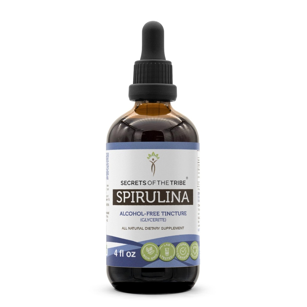 Secrets de la tribu Spiruline Extrait liquide sans alcool, Spiruline (Arthrospira Platensis) Supplément de teinture (4 FL OZ)
