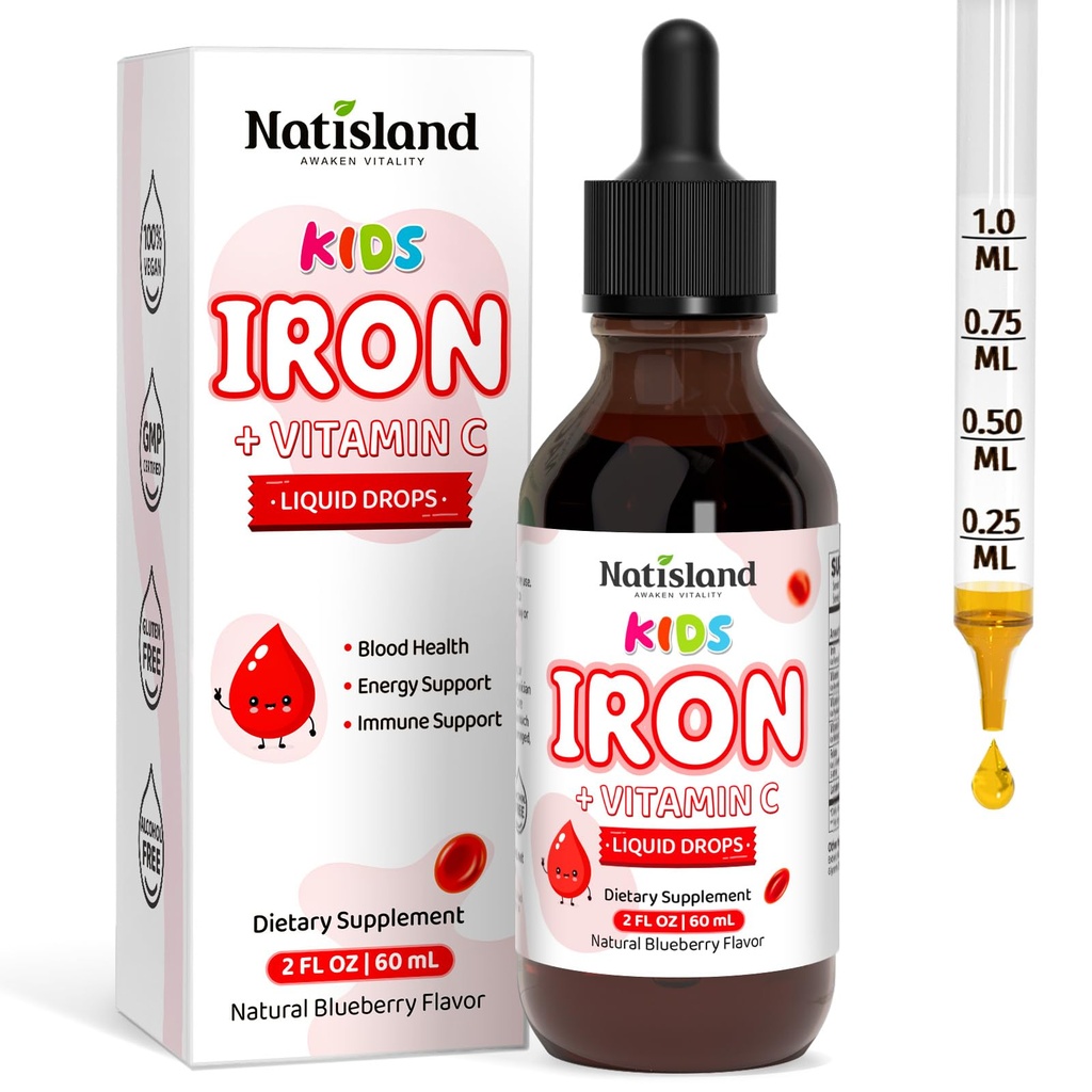 Liposomal Liquid Iron for Kids, Iron Supplements for Kids with Vitamin C & Lactoferrin for Healthy Iron Levels, Energy & Blood Health, Sugar Free, Alcohol-Free, Blueberry Flavor, 2 FL OZ