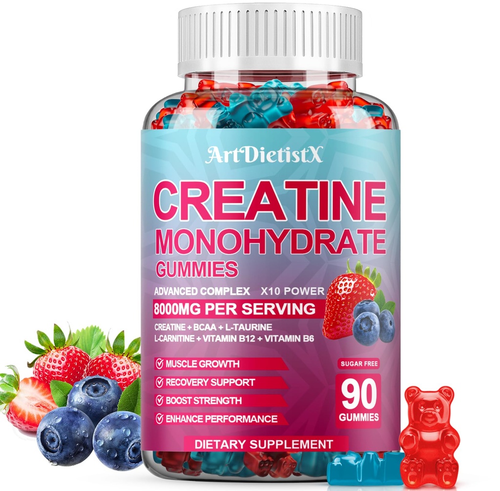 Creatine Monohydrate 8000mg Gummie mit BCAA, L-Carnitin, Taurine & Vitamin B12 - Pre Workout Ergänzung für Muskelwachstum, Stärke & Energie, Multi-Flavor Chewable Gummis, 90 Zähler für Männer & Frauen