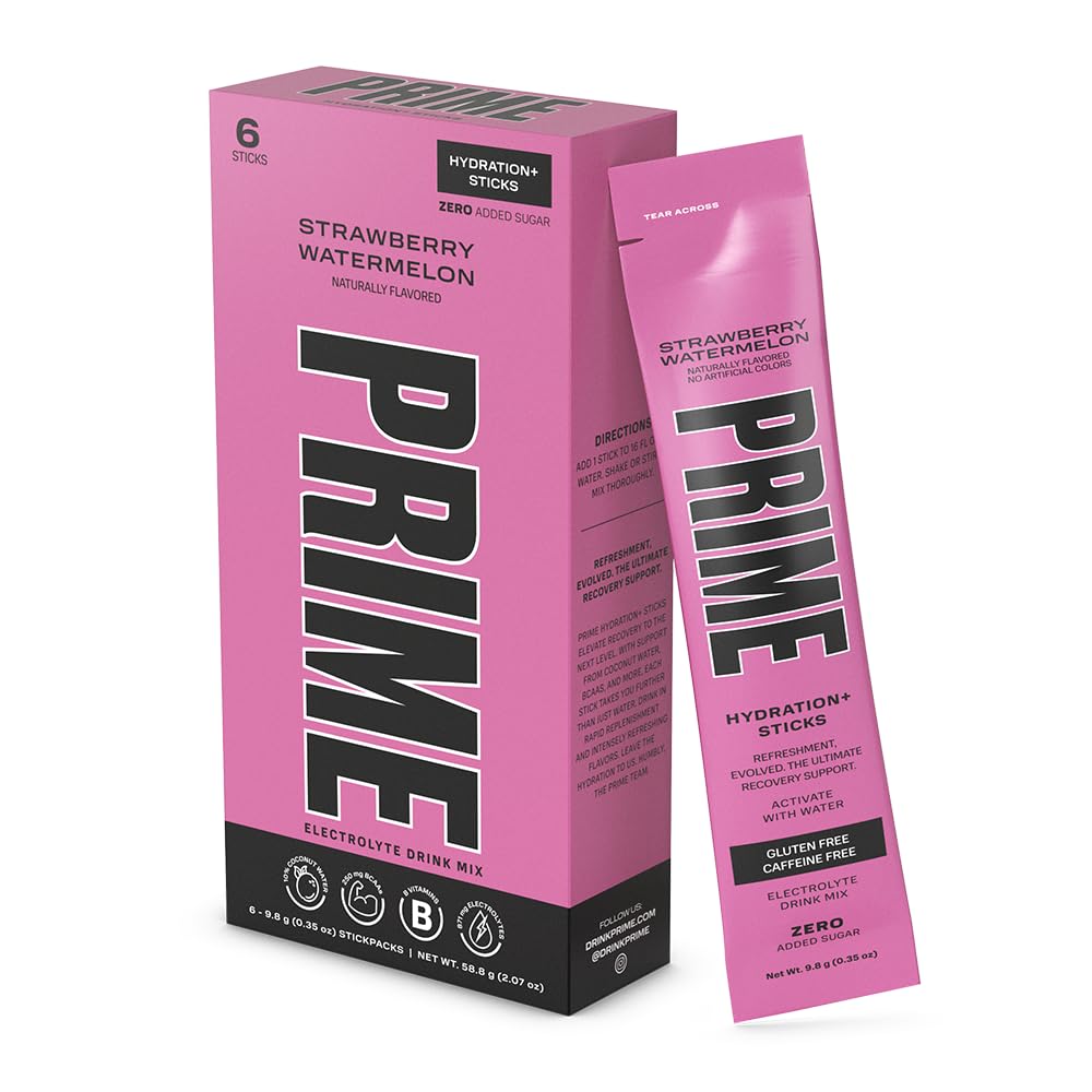 PRIME HYDRATION+ Sticks Erdbeerwassermelone | Hydration Pulver Einzelne Serviersticks | Elektrolyt Pulver auf dem Go | Niedriger Zucker | Koffeinfrei | Vegan | 6 Sticks