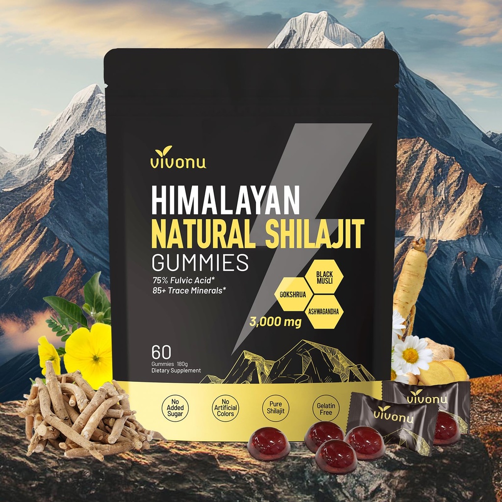 Himalayan* Shilajit Gummies avec Ashwagandha & Gokshura (85+) Trace Minerals & Fulvic Acid (100% Pure & Natural)