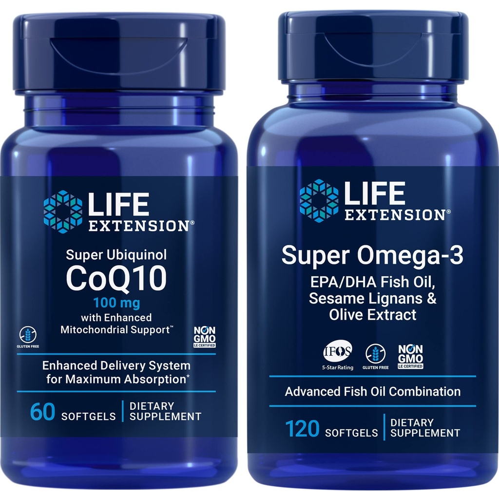Extension de vie Super Ubiquinol Coq10, 100 Mg, 60 Softgels Super Omega-3 Epa/dha Huile de poisson, 120 Softgels.