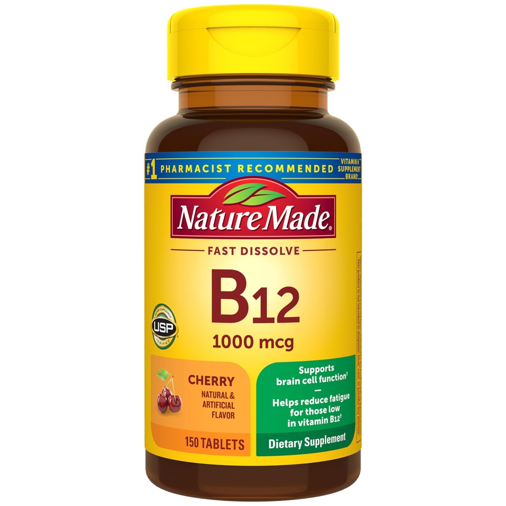 Nature faite vitamine B12 1000 mcg, facile à prendre vitamine B12 comprimés sublinguals pour le soutien du métabolisme de l'énergie, 150 comprimés de dissolution rapide sans sucre, 150 jours d'approvisionnement