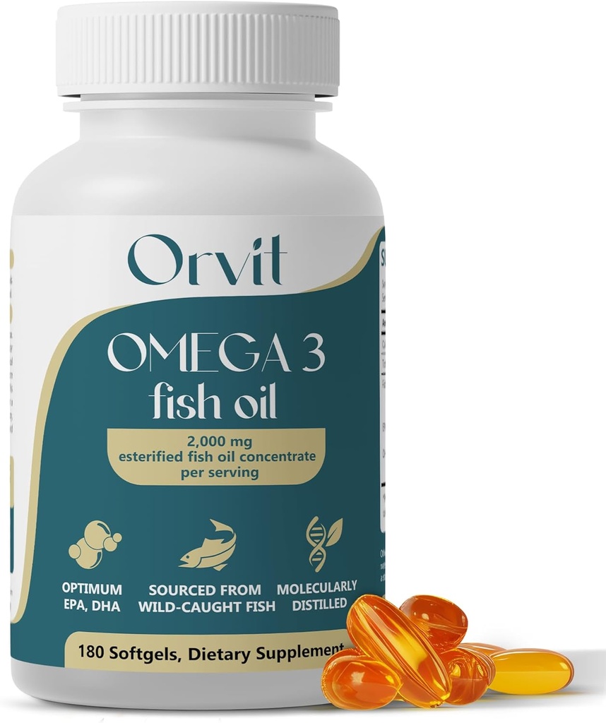 ORVIT Omega 3 Fish Oil Softgel 2000 mg - Ultimate EPA DHA Supplement für Männer und Frauen - Burpless - No Fishy Taste - Unflavored 180 Softgels - Organic, Non GMO - Made in USA