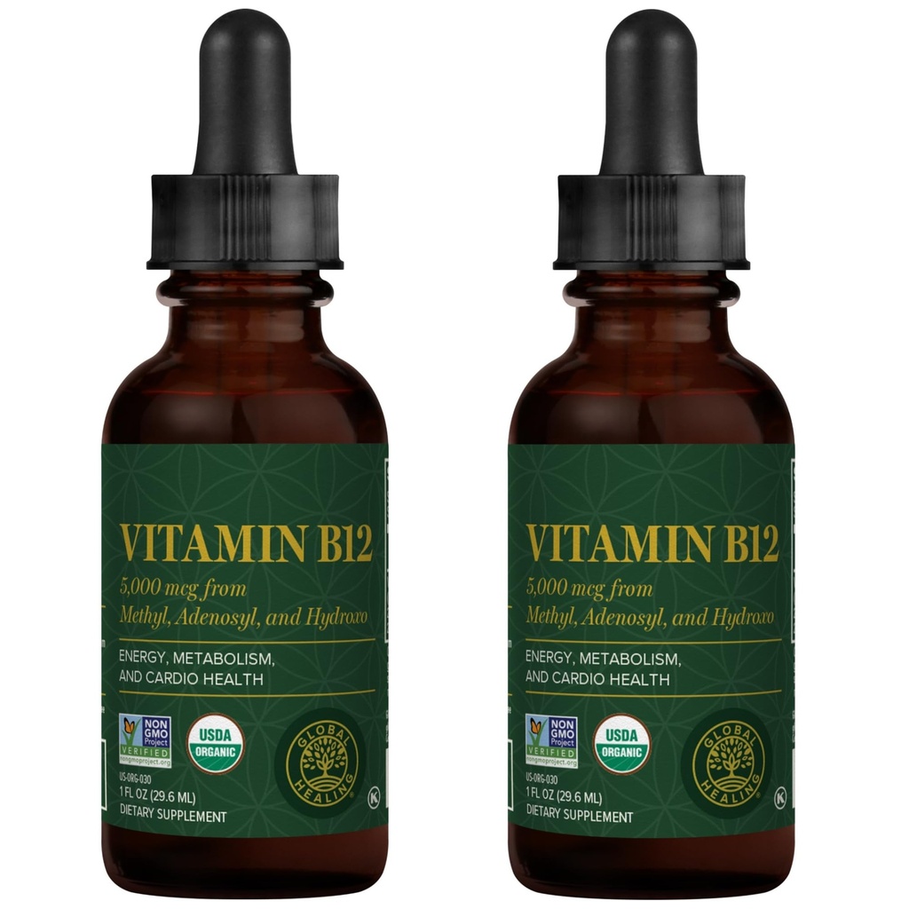 Centre mondial de guérison - Vitamine B12 5000 mcg, gouttes liquides sublinguales organiques (en) 3-en-1 méthylcobalamine, adénosylcobalamine, mélange hydroxo, 1 Fl Oz (2-pack)
