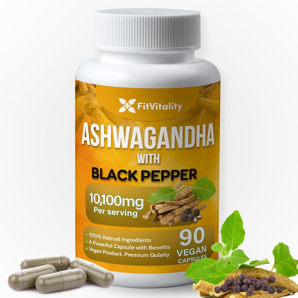 Ashwagandha Kapseln, 90 Vegan Kapseln, 10,100 Mg pro Kapsel – 100% natürliches Ashwagandha Root-Extrakt-Pulver und schwarzer Pfeffer-Extrakt, Non-GMO, Gluten-frei