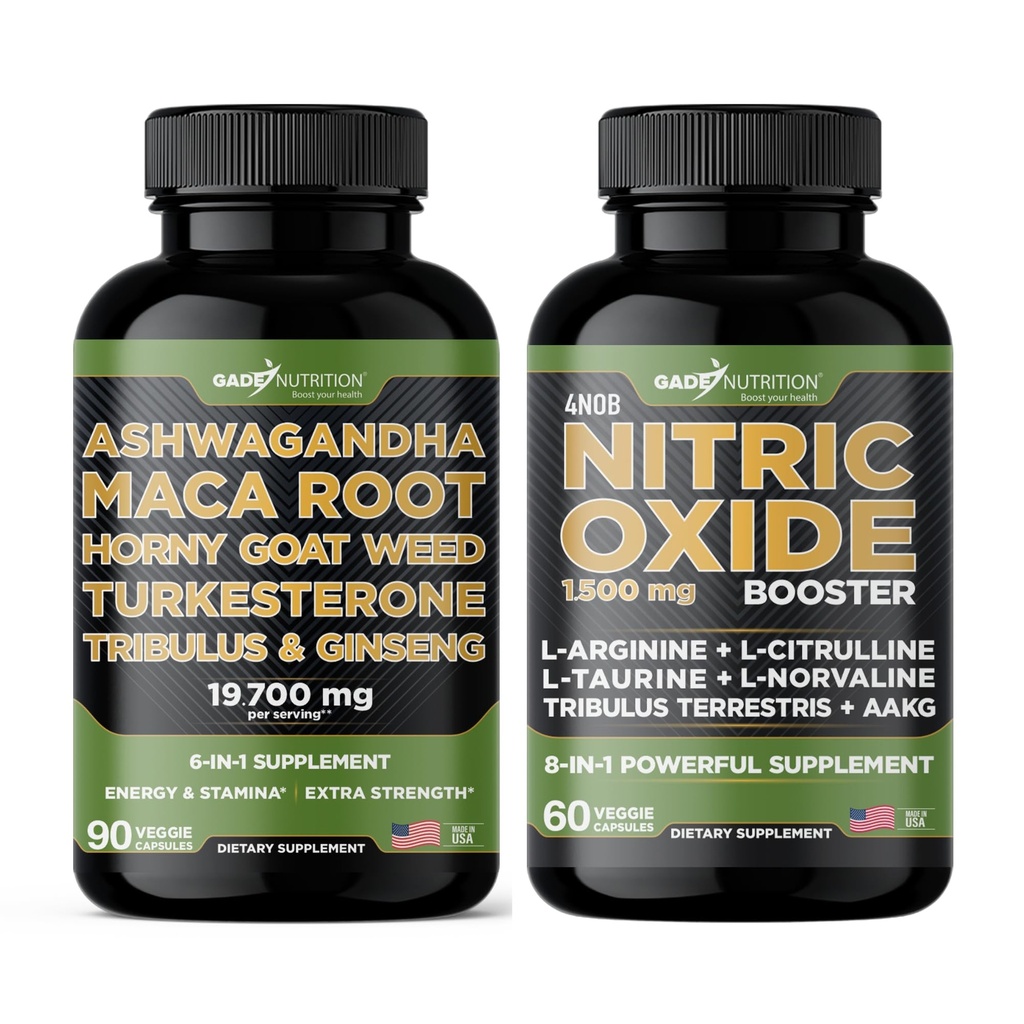Gade Nutrition Ashwagandha mit Maca Root, Horny Goat Weed, Turkesterone, Tribulus Terrestris, Panax Ginseng + Nitric Oxid Booster - Bundle für Energie, Vitalität, Leistung, Pumpe