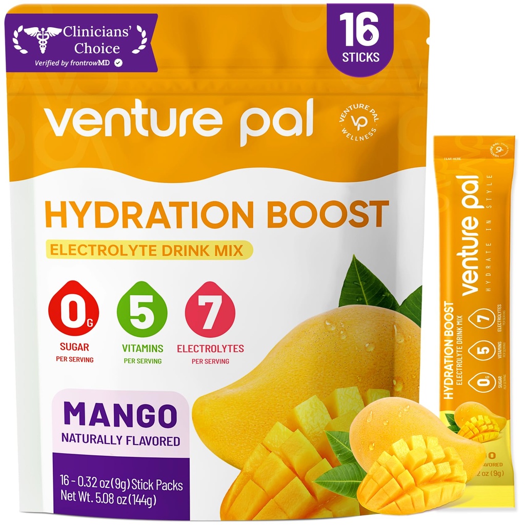 Venture Pal Sugar Free Electrolyte Powder Packets - Liquid Daily IV Hydration Packets | Elektrolyte Getränk Mix mit 5 Vitaminen & 7 Elektrolyten | Keto Friendly | Non-GMO | Certified Vegan | 16 Sticks