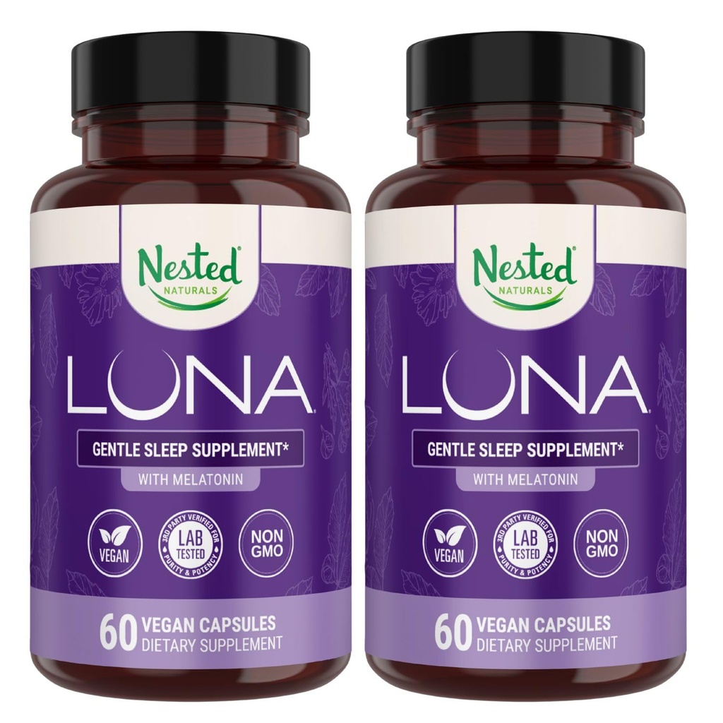 Nested Naturals Luna Sleep Aid - Pilules de couchage naturelles non habitantes pour adultes ayant des ingrédients naturels - Racine valériane, mélatonine, camomille, baume de citron et plus - 120 capsules végétaliennes