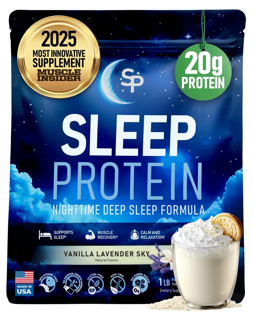 SleepProteinTM Nighttime Casein Recovery Shake - 20g Slow-Release-Protein für über Nacht Muskelreparatur & Deep Sleep Support - Melatonin-frei, GLP-1 freundlich, mit Magnesium, GABA, Theanin & Tryptophan