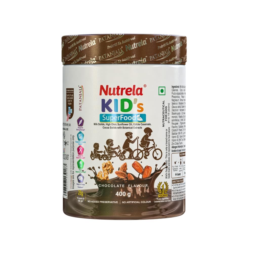 Nutrela Kids Proteinpulver, Schokoladengeschmack, 400g, Gedächtnis und Gehirnentwicklung, Muskelmasse, Knochen- und Zahnstärke