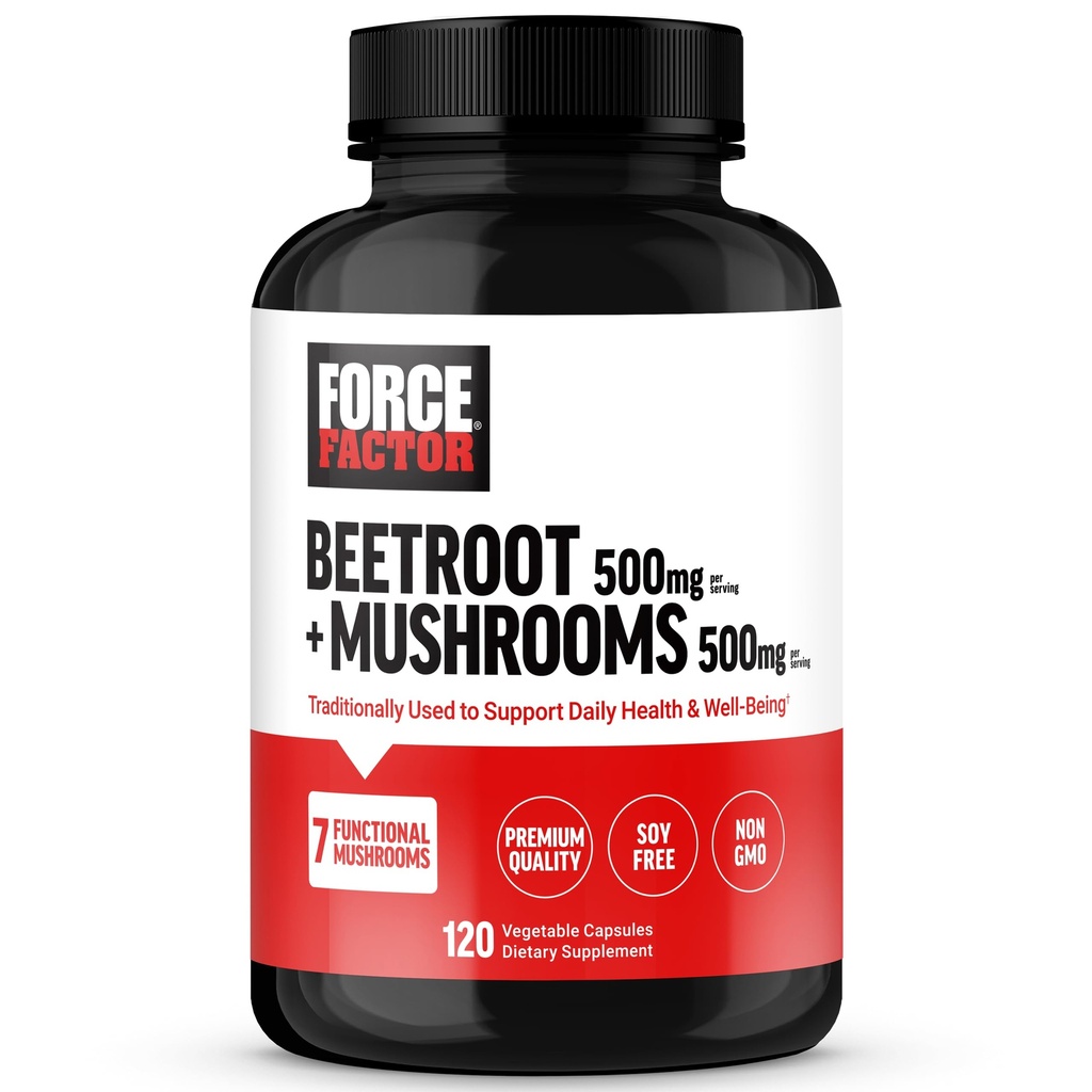 FACTEUR DE FORCE Beetroot + Supplément de champignons pour une bonne santé, Capsules de racines de betterave avec 7 champignons fonctionnels, Lion, Manille, Cordyceps, et plus, Sans soja, Non-OGM, 120 Capsules