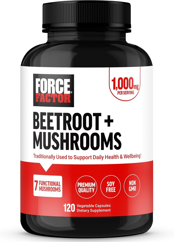 FORCE FACTOR Beetroot + Mushrooms Supplement for Great Health, Beet Root Capsules with 7 Functional Mushrooms, Lion’s Mane, Cordyceps, & More, Soy Free, Non-GMO, 120 Capsules