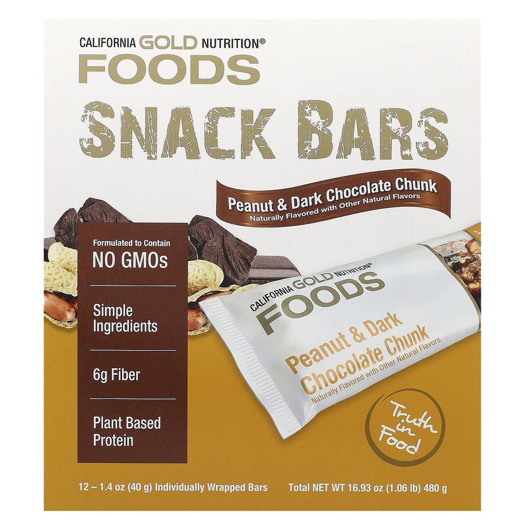 California Gold Nutrition Foods, Peanut & Dark Chocolate Chunk Bars mit trockenen gerösteten Mandeln, Chicorée Root Fiber, Erbse Crisps und Honig, 12 Bars, 1,4 oz (40 g)