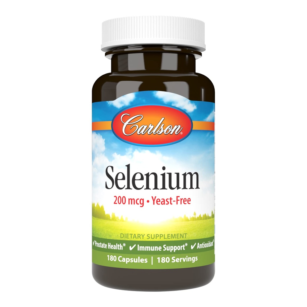 Carlson - Sélénium, 200 mcg Sans levure, Prostate Health & Immune Support, Antioxydant, 180 capsules
