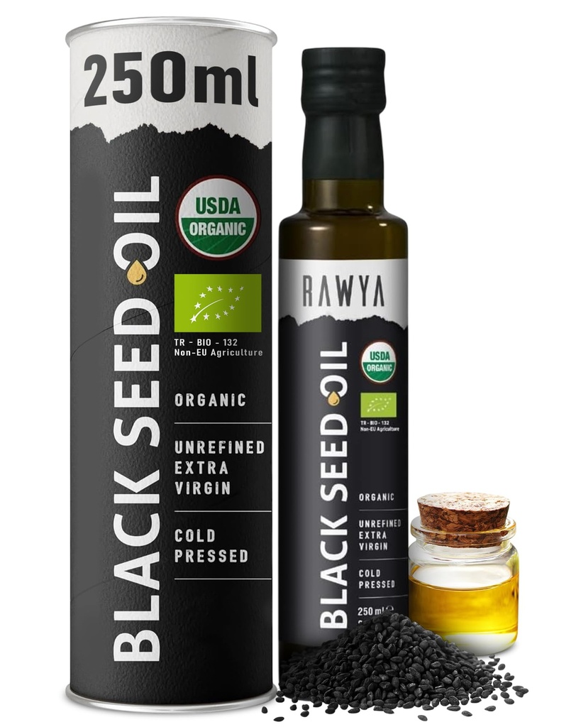 RAWYA Black Seed Oil - USDA Organic Certified - Cold Pressed - 8.4 Fl oz - Extra Virgin - Türkisch Schwarz Cumin Seed - Premium Nigella Sativa mit Thymoquinone - Kalonji - Non-GMO, Gluten-Free - Nahrungsergänzungsmittel - Extra Starker Geschmack
