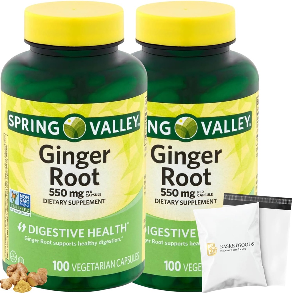 Spring Valley Ingwer Root 550mg, Kapseln zur Nahrungsergänzung, Verdauungsgesundheit, 100 Stück pro Flasche (Paket von 2), Set mit Warenkorb Polybag (1)