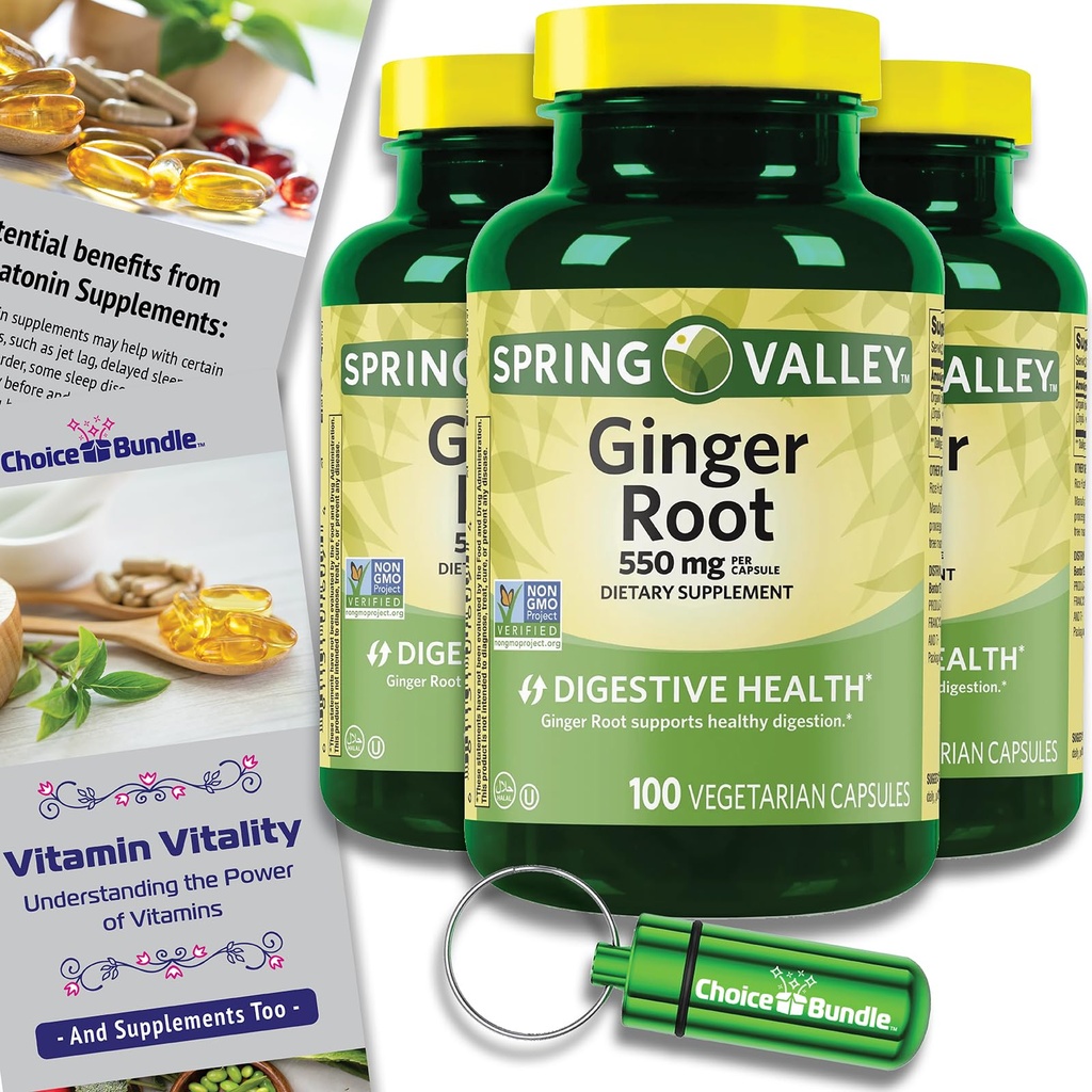Choice Bundle Spring Valley Ingwer Root Digestive Health Dietary Supplement Kapseln, 550 mg, 100 Count 3 pk (300 Total) + Vitamin Vitality & Pill Container (5 Items)!