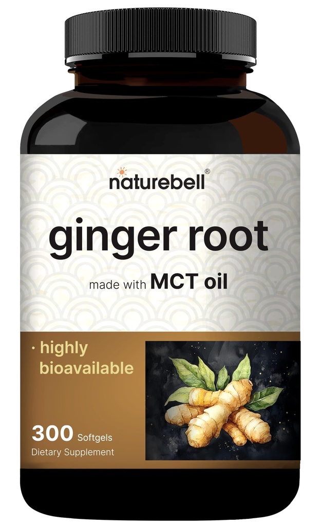 NatureBell Ingwer-Wurzelextrakt mit MCT-Öl - 300 Softgels | Ingwer-Supplement für den täglichen Gebrauch | 5-Monats-Versorgung | Nicht-GVO, glutenfrei