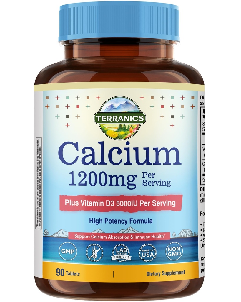 Terranics Calcium 1200 mg avec vitamine D3, supplément de calcium à haute absorption pour les femmes et les hommes, soutient la santé des os, des dents et des immunes, Comprimés enrobés faciles à avaler, 90 Compte