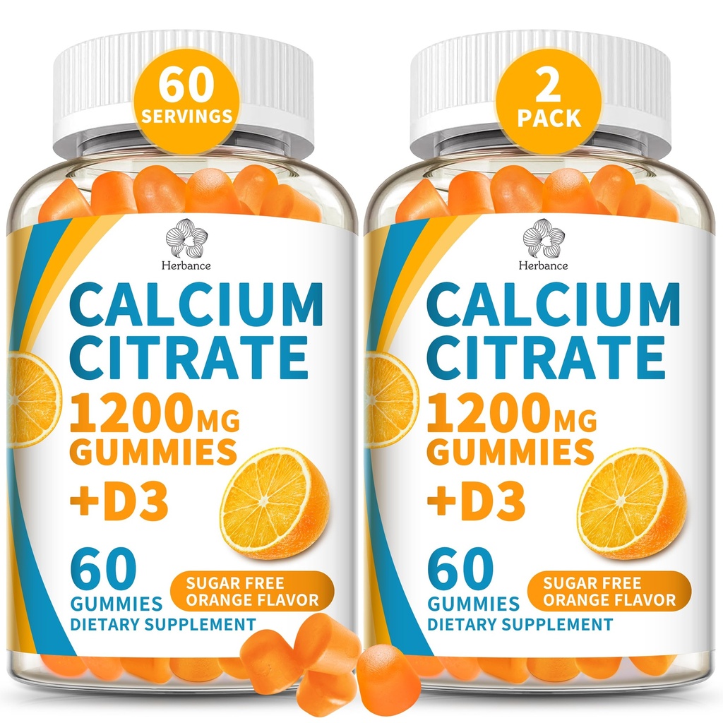 (2 Packung) Calciumzitrat 1200 mg Gummi mit Vitamin D3, Kalziumergänzungen mit hoher Absorption für Frauen und Männer, zuckerfrei, nicht gentechnisch verändert, glutenfrei, unterstützt Muskel und Immunität - Orangengeschmack