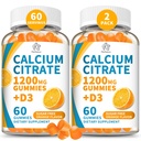 (2 Pack) Citrate de calcium 1200 mg Gummies avec vitamine D3, Suppléments de calcium à haute absorption pour les femmes et les hommes, sans sucre, sans OGM, sans gluten, soutient les muscles et l'ignune - Arôme orange