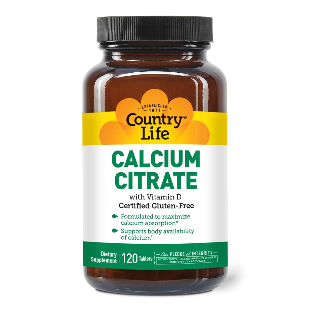 Country Life Calcium Citrat mit Vitamin D – 500mg – Hochresorbierbares Calcium Supplement – Zertifiziert glutenfrei, vegan, Halal, nicht gentechnisch verändert – 120 Tabletten