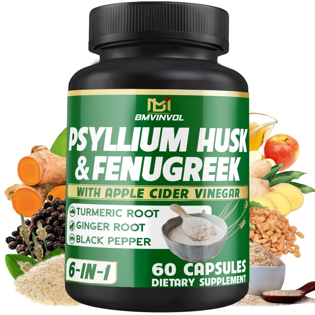BMVINVOL Psyllium Husk Fiber Supplement t mit Fenugreek, Apple Cider Essig, Turmeric, Ginger, Black Pepper- Digestion Health Support - 60 Kapseln