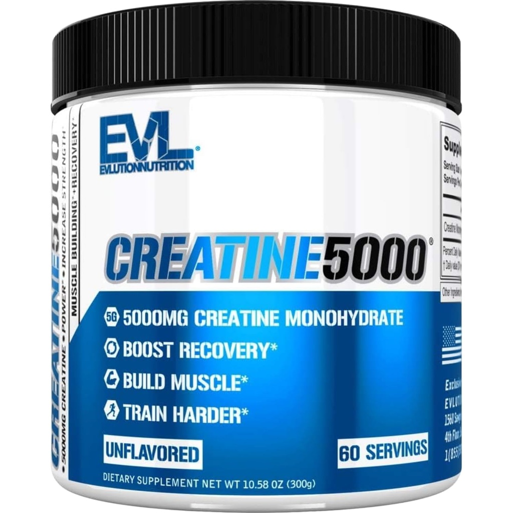 Evlution Nutrition Creatine 5000 - Unterstützt schnellere Erholung, Lean Muscle Growth & Performance - Pre & Post Workout Powder - 5000mg reines Kreatin Monohydrat pro Servierung - 60 Servierungen - Unflavored