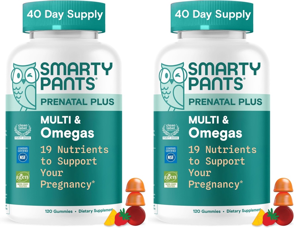 SmartyPants Pränatale Multivitamin-Gummie, Omega 3 (DHA/EPA), Methylfolat, Biotin, Vitamin D3, C, Vitamin B12, B6, A, K & Zink, glutenfrei, 120 Zählung (40-Tage-Versorgung) (Paket von 2)