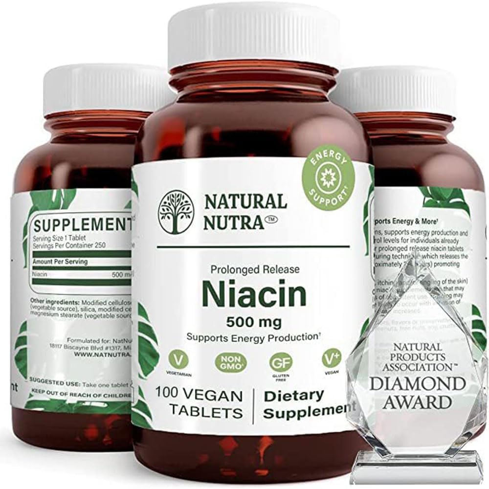 Natural Nutra Time-Release Slow Niacin 500mg (Vitamin B3), Support Energy Production, Promotes Cardiovascular Health, Promotes Skin Health and perceptual Function, 100 Vegan and Vegetarian Tablets