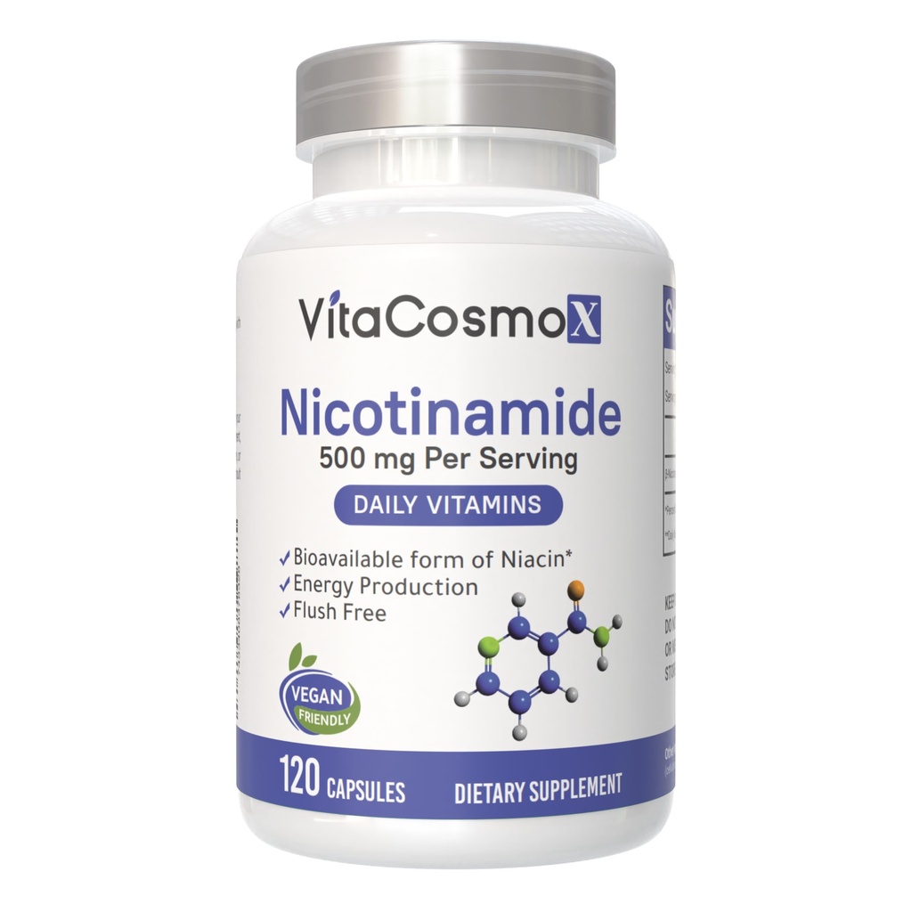 Nicotinamid 500mg Vitamin B3, 120 Kapseln - nicht gentechnisch verändert, glutenfrei, spülfrei