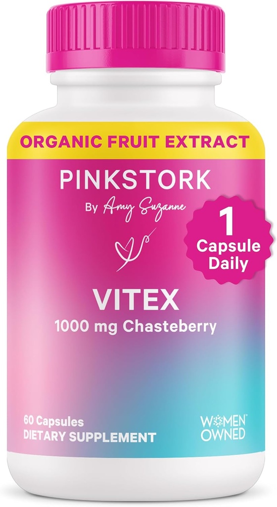 Pink Stork Organic Vitex – 1000 mg Chaste Tree Berry – pflanzenbasierte Unterstützung für Perimenopause & Hormonelle Harmonie – Hilft bei der Aufrechterhaltung der Cycle Regularity & Healthy Progesterone Balance – 60 Vegan Kapseln
