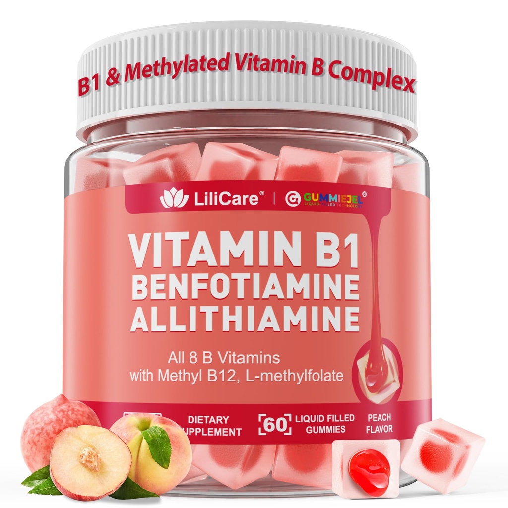 Vitamin B1 & Methylierte Vitamin B Complex Gummis - Alle B Vitamine, Benfotiamin, Thiamin & Inositol, Methylierte B1 B2 B6 Multivitamine, L-Methylfolat, Methyl B12 für Nerve Cognition Energy, 60 Cts