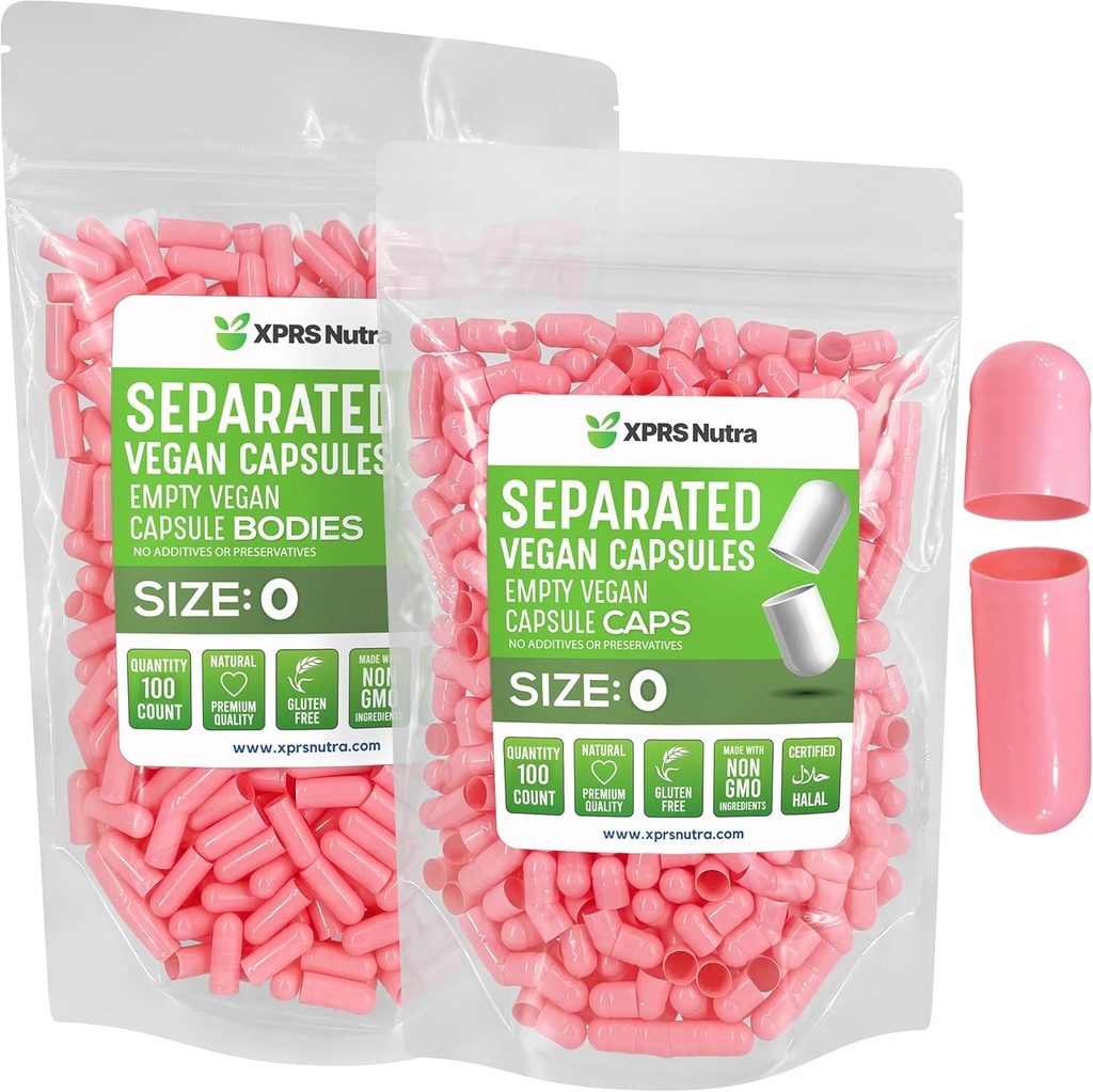 XPRS Nutra Vegan Größe 0 Getrennte Kapseln - 100 Count Premium Leere Kapseln Getrennt in Taschen - Pillen 0 Leer für DIY Ergänzung Füllung (Pink)