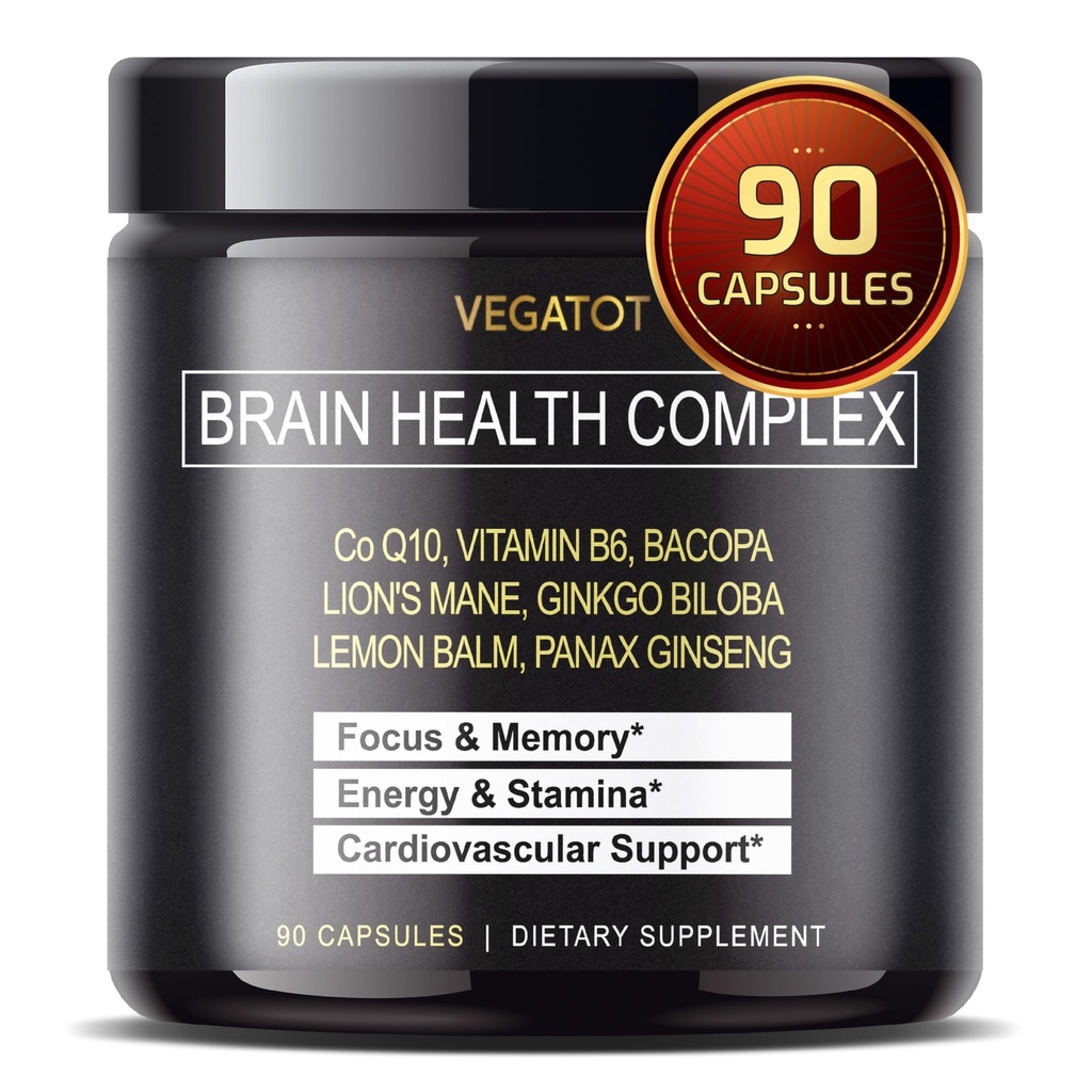 VEGATOT Brain Booster Brain Health Complex Supplement Konzentriert mit CoQ-10 VIT B6 Lion's Mane Ginkgo Biloba Lemon Balm Ginseng - Focus Memory Energy