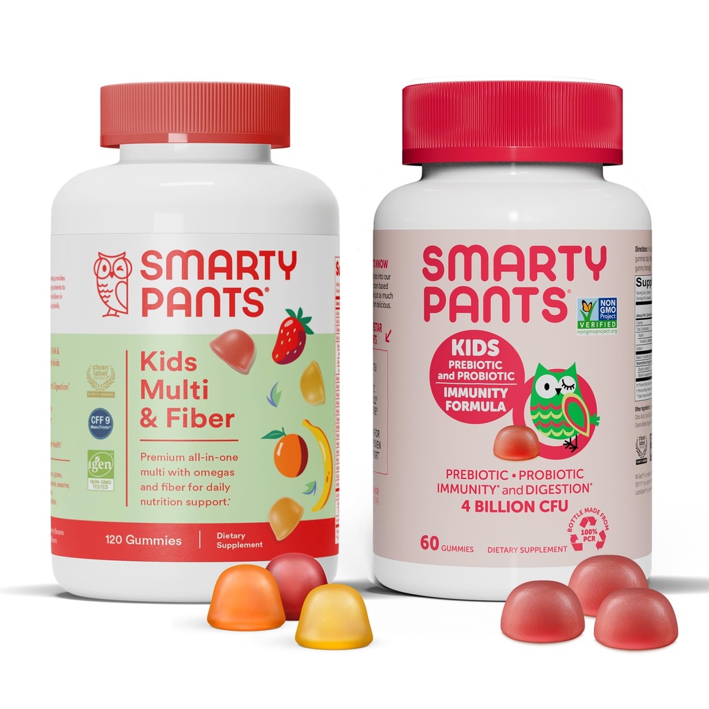 SmartyPants Kids Multivitamin Fiber Supplement Gummi und Probiotische Immunität Bundle: Omega 3 Fish Oil (EPA/DHA), Vitamin D3, C, Vitamin B12, B6, Verdauungs- und Immununterstützungsergänzung (30 Tage Versorgung)