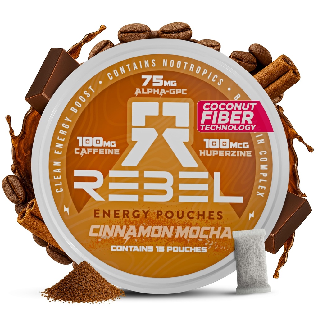 Rebel Nootropic Energie-Koffeinbeutel (Zimt Mocha) • 100mg Koffein • Alpha GPC • Huperzin A & Essential Vitamins • Zuckerfrei • Kokosfaser-Technologie • 15 Beutel pro Dose (Paket von 1)