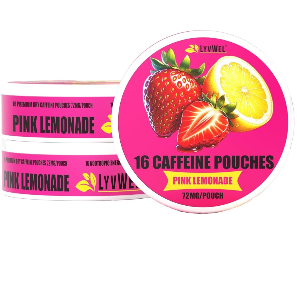 LyvWel 72mg Koffein-Energiebeutel | Nootropic Focus & Neuro Support | 3-Pack mit 16 Beuteln pro Dose | Tabakfreie, nikotinfreie, schnelle Energielösung (3 Packung, Pink Lemonade)