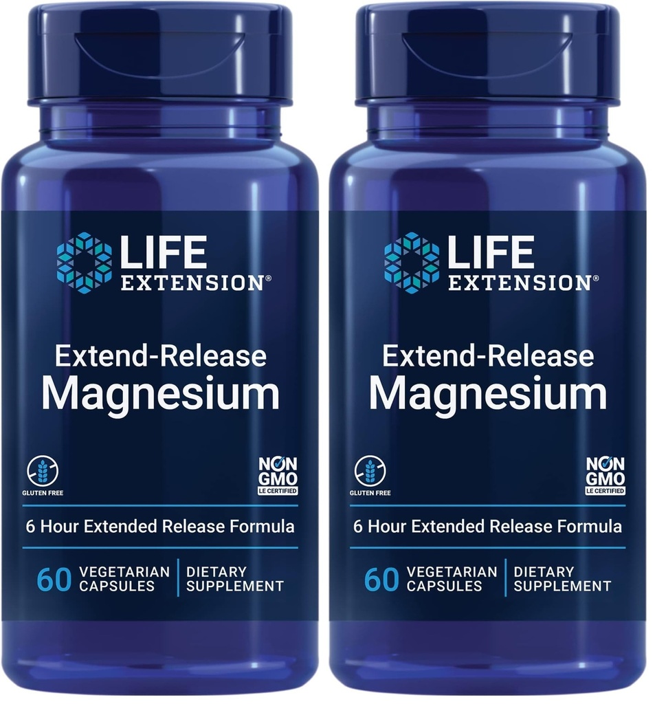 Life Extension Extend-Release Magnesium,prolonged Heart & Bone Health Support,Cardiovascular & Blood Pressure Health Support,bioavailable Formula,Gluten-Free,Non-GMO,Vegetarisch,60 Kapseln,(Pack von 2)