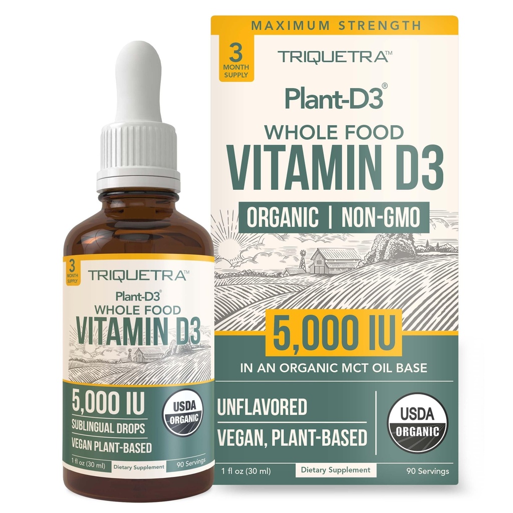 Pflanzen-D3 Bio-Vitamin D3 5000 IU - Vegan, Max Strength Sublingual Liquid D3 Tropfen - 200% höhere Absorption - 100% pflanzenbasierte Cholecalciferol Form - Einstellbare Dosierung für alle Altersgruppen (1oz Flüssigkeit)