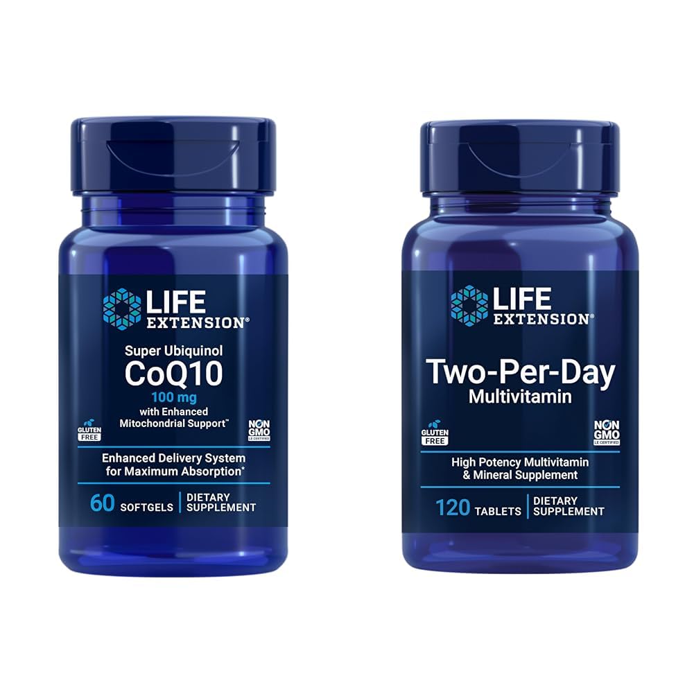 Extension de durée de vie Super Ubiquinol CoQ10 Heart & Cell Energy Support avec deux par jour de puissance élevée Multi-vitamine et supplément minéral, 60 Softgels et 120 comprimés
