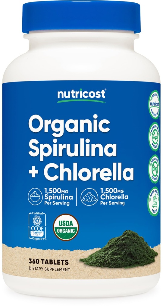 Nutricost Organic Spirulina + Chlorella (3.000mg) 360 Tabletten - USDA Organic, 1.500mg Spirulina, 1.500mg Chlorella, Vegan, GVO-frei, glutenfrei, 60 Portionen