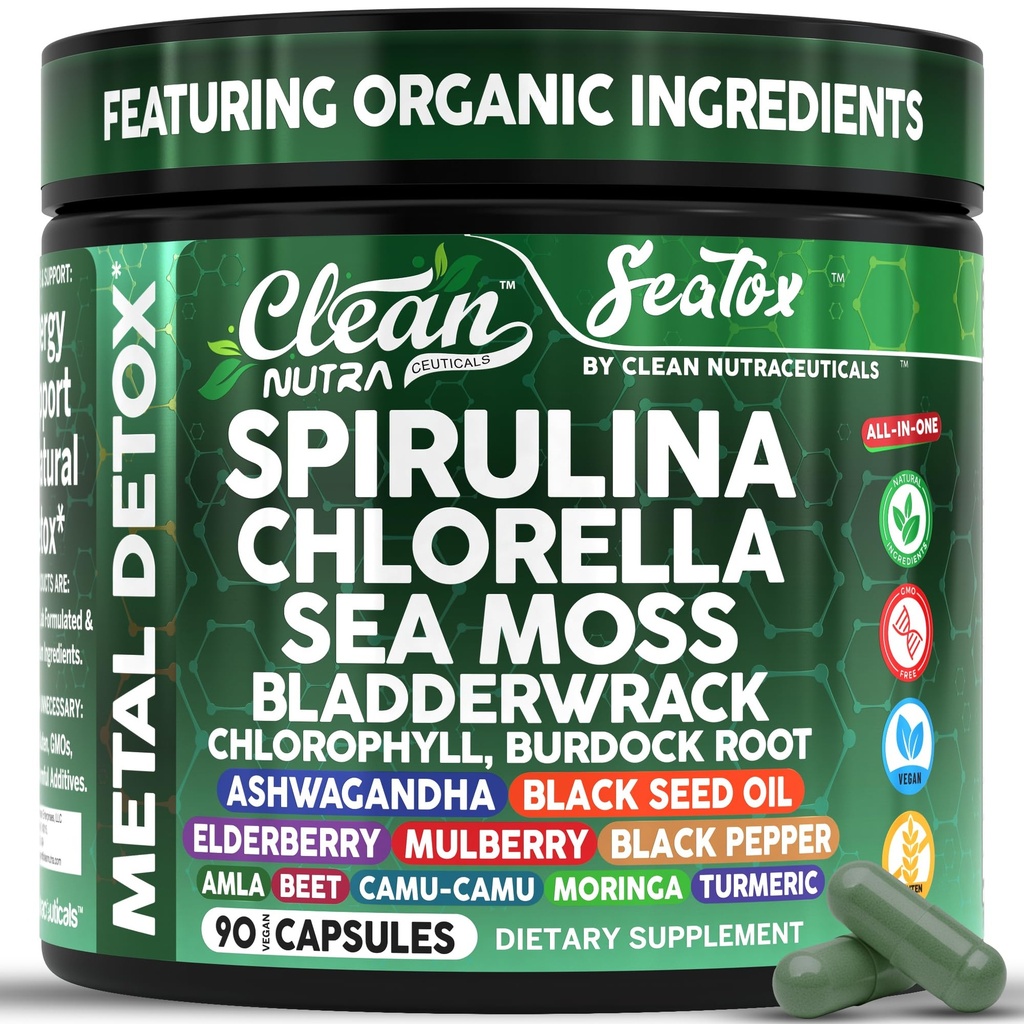 Sea Tox Organic Spiruline and Chlorella Capsules Nettoyant et Nourriture Naturelle Sea Moss Bladderwrack Chlorophyll Burdock Root Ashwagandha Turmeric 90 Vegan Black Seed Oil Capsules Par Clean Nutra